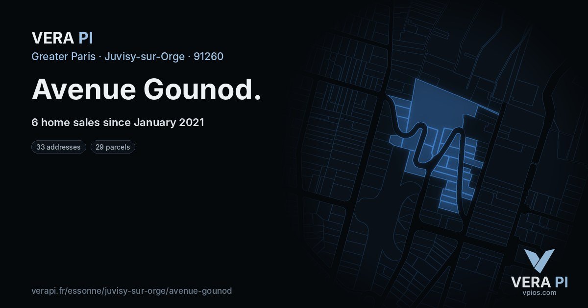 Avenue Gounod, Juvisy-sur-Orge at night – every parcel coloured by the prices around it, the street's own parcels lit