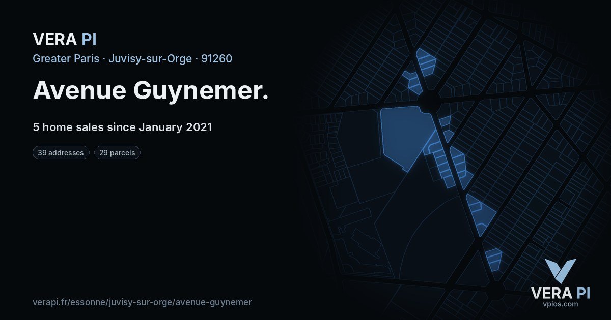 Avenue Guynemer, Juvisy-sur-Orge at night – every parcel coloured by the prices around it, the street's own parcels lit