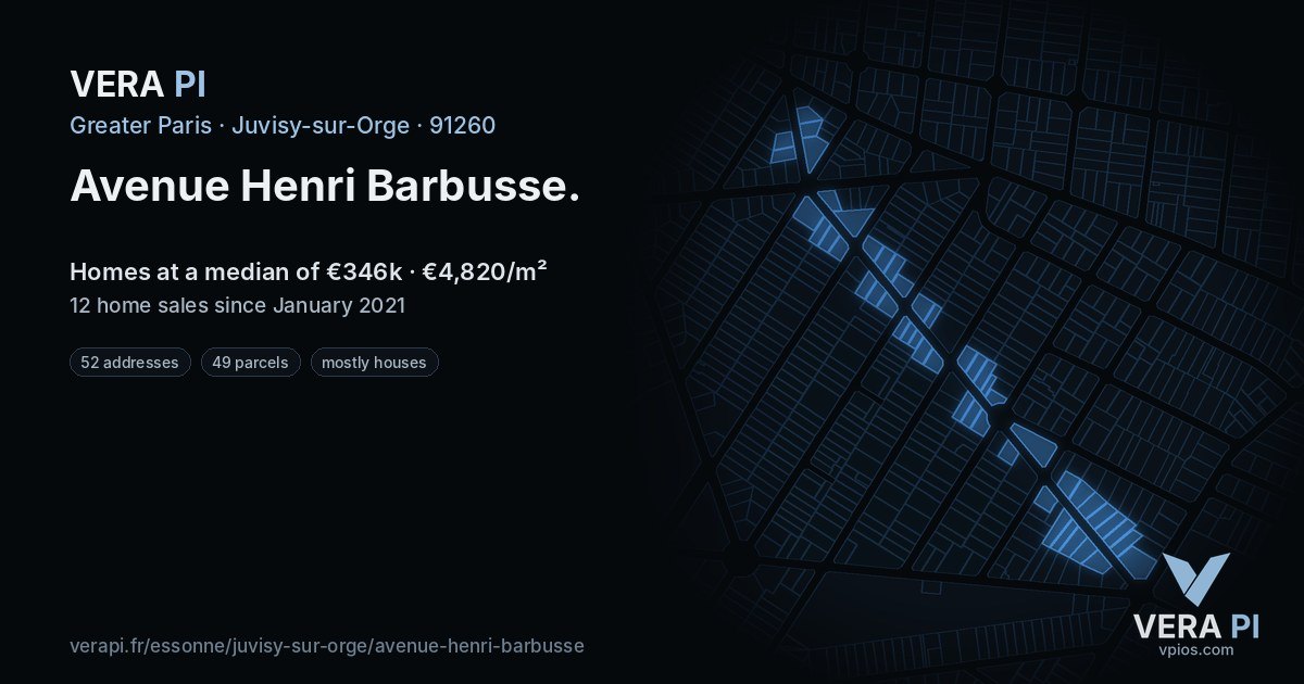 Avenue Henri Barbusse, Juvisy-sur-Orge at night – every parcel coloured by the prices around it, the street's own parcels lit
