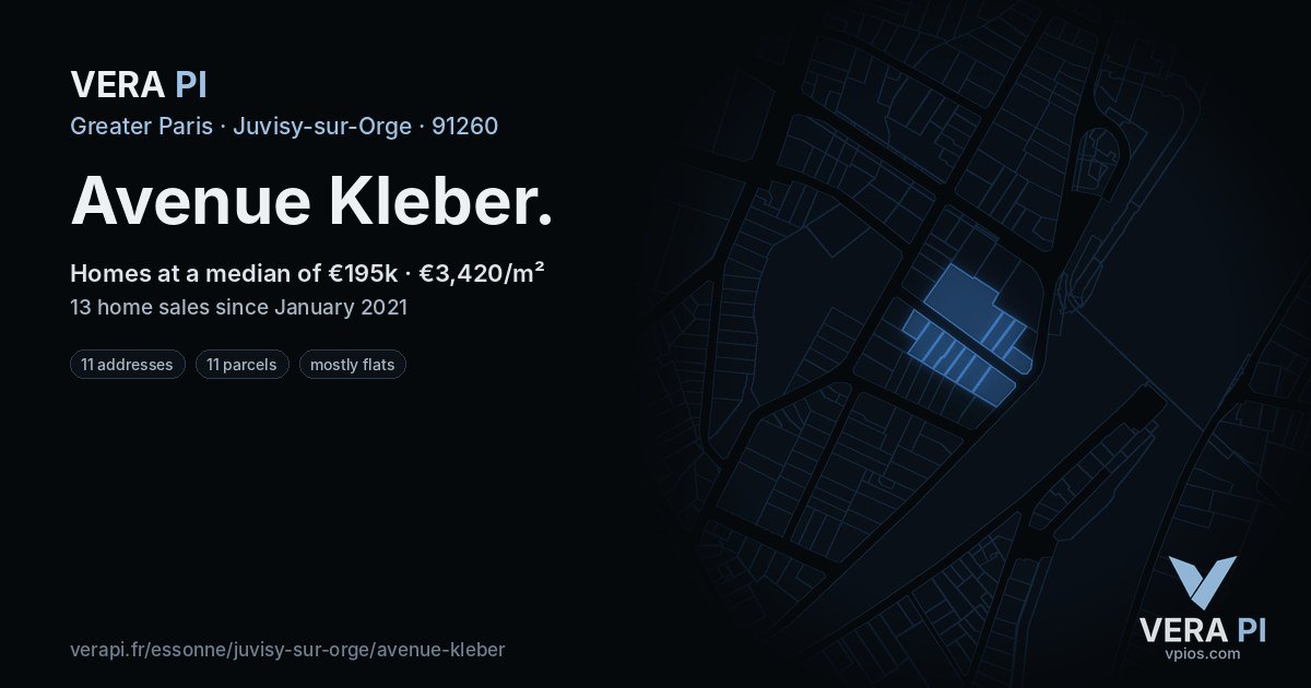 Avenue Kleber, Juvisy-sur-Orge at night – every parcel coloured by the prices around it, the street's own parcels lit
