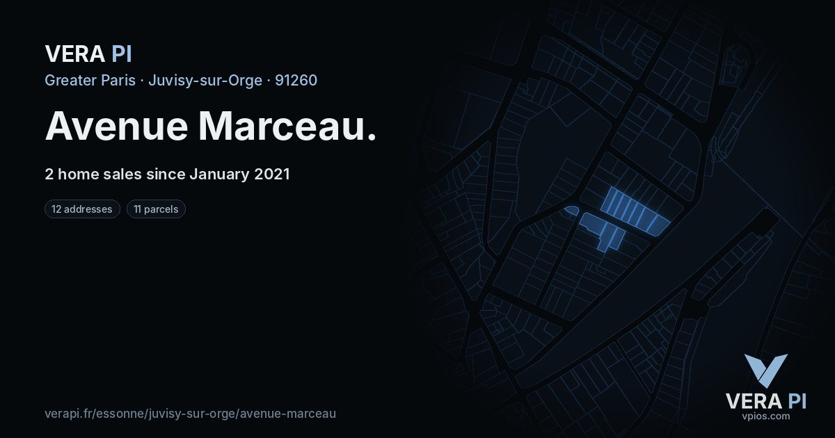 Avenue Marceau, Juvisy-sur-Orge at night – every parcel coloured by the prices around it, the street's own parcels lit