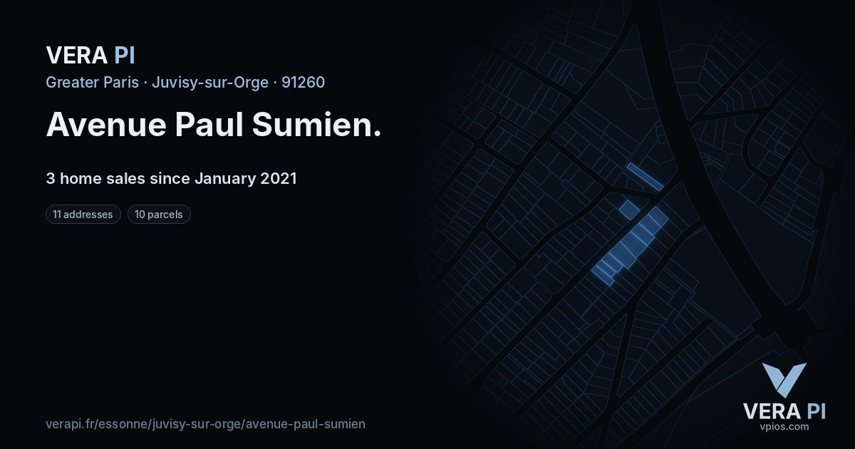 Avenue Paul Sumien, Juvisy-sur-Orge at night – every parcel coloured by the prices around it, the street's own parcels lit