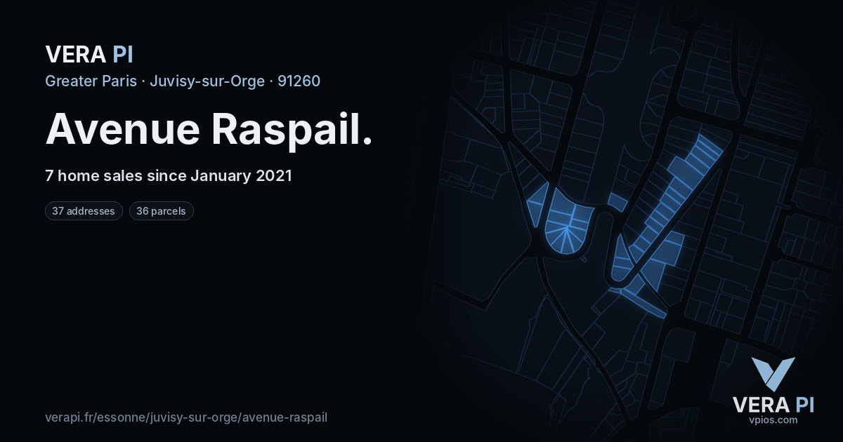 Avenue Raspail, Juvisy-sur-Orge at night – every parcel coloured by the prices around it, the street's own parcels lit