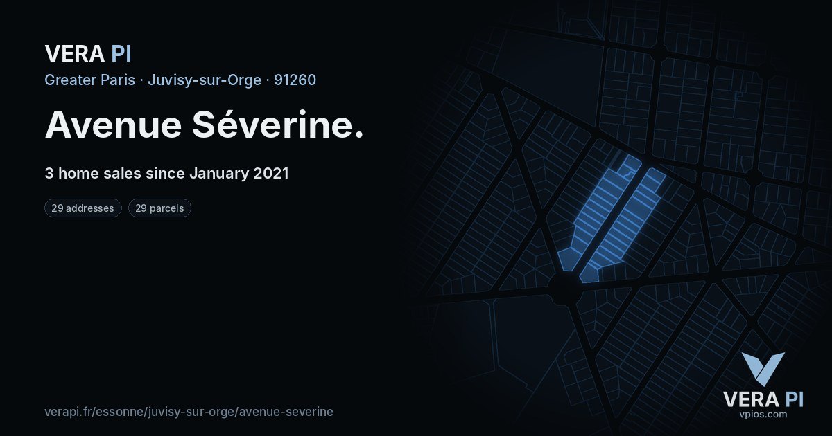 Avenue Séverine, Juvisy-sur-Orge at night – every parcel coloured by the prices around it, the street's own parcels lit