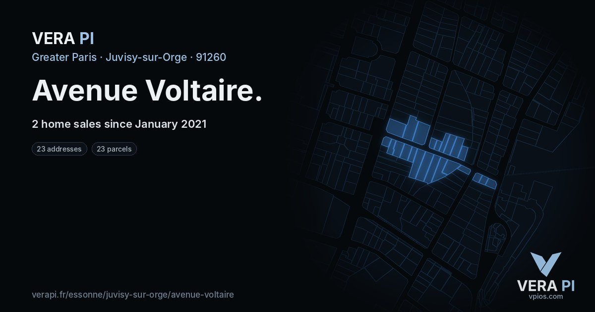 Avenue Voltaire, Juvisy-sur-Orge at night – every parcel coloured by the prices around it, the street's own parcels lit