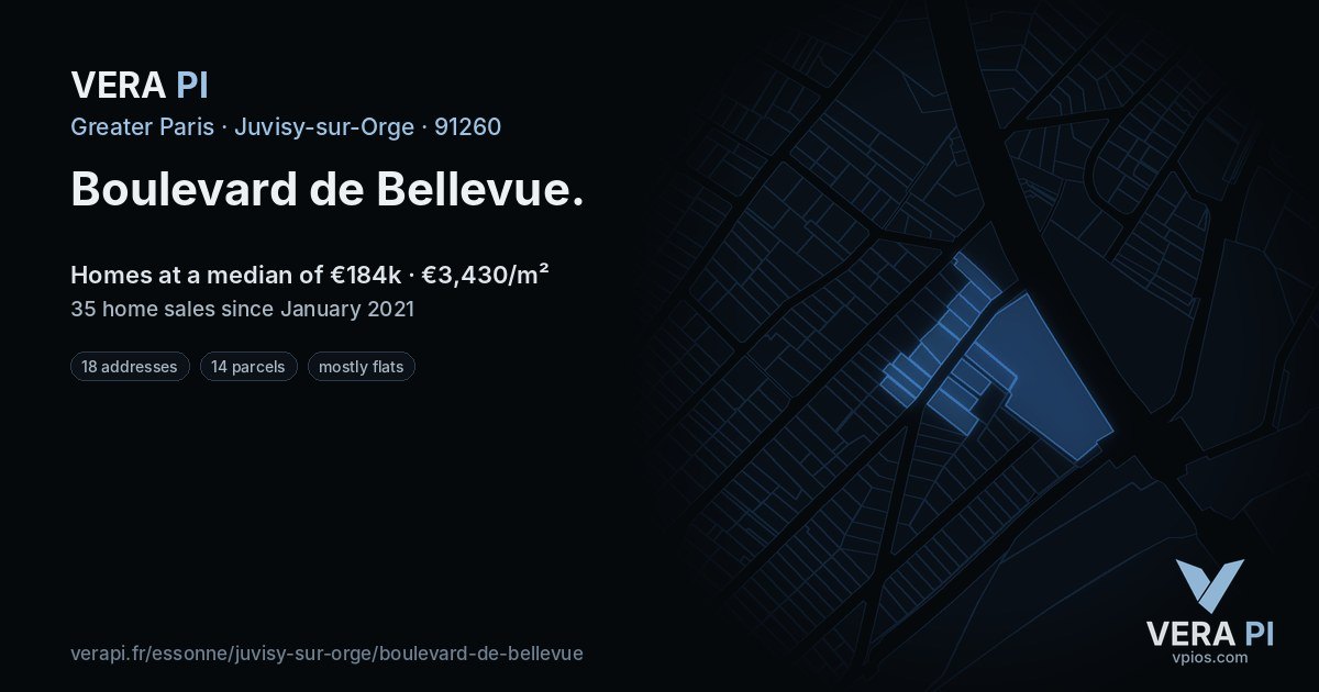Boulevard de Bellevue, Juvisy-sur-Orge at night – every parcel coloured by the prices around it, the street's own parcels lit