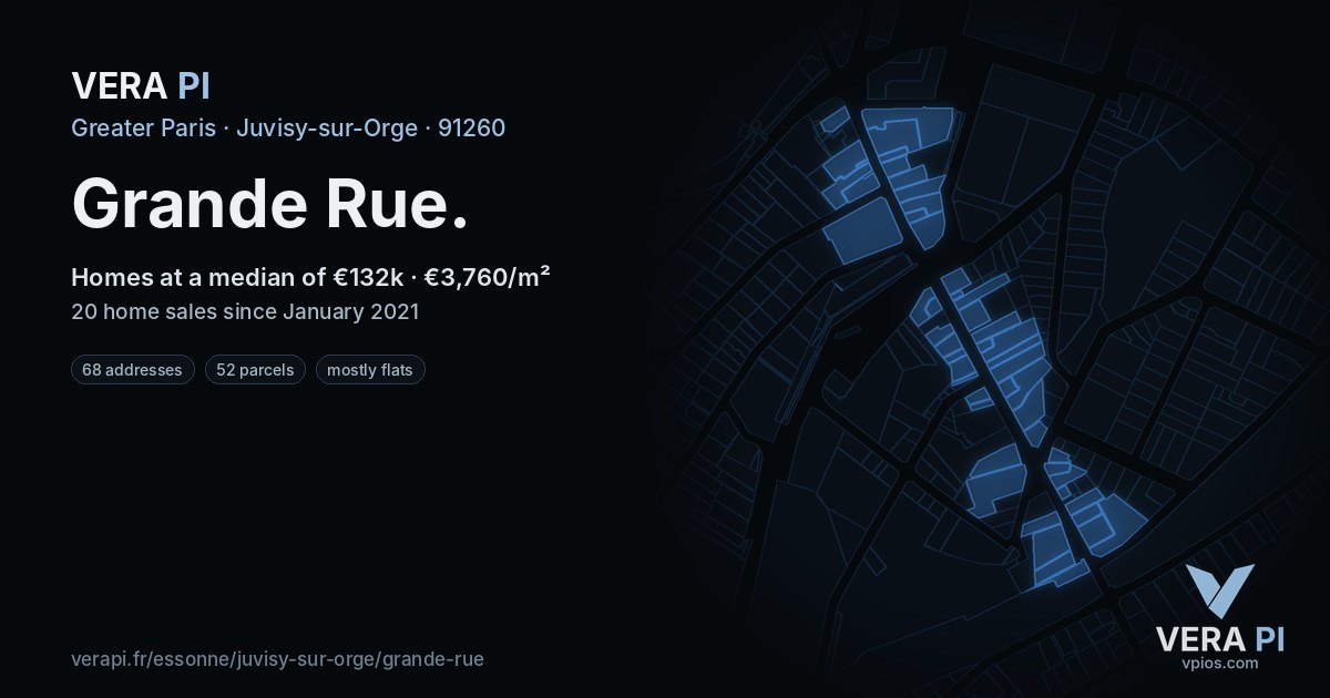 Grande Rue, Juvisy-sur-Orge at night – every parcel coloured by the prices around it, the street's own parcels lit