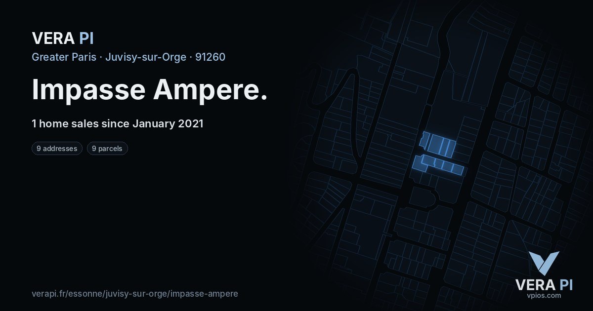 Impasse Ampere, Juvisy-sur-Orge at night – every parcel coloured by the prices around it, the street's own parcels lit