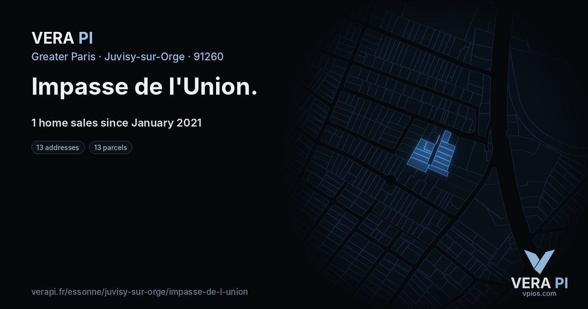 Impasse de l'Union, Juvisy-sur-Orge at night – every parcel coloured by the prices around it, the street's own parcels lit