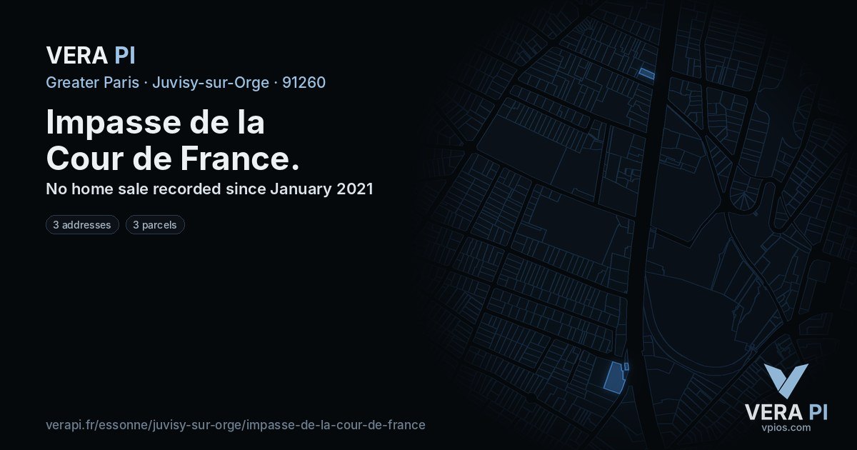 Impasse de la Cour de France, Juvisy-sur-Orge at night – every parcel coloured by the prices around it, the street's own parcels lit