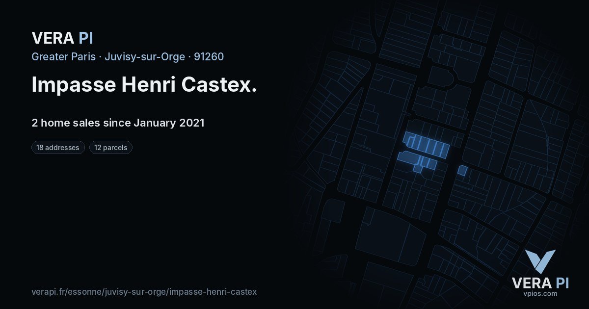 Impasse Henri Castex, Juvisy-sur-Orge at night – every parcel coloured by the prices around it, the street's own parcels lit