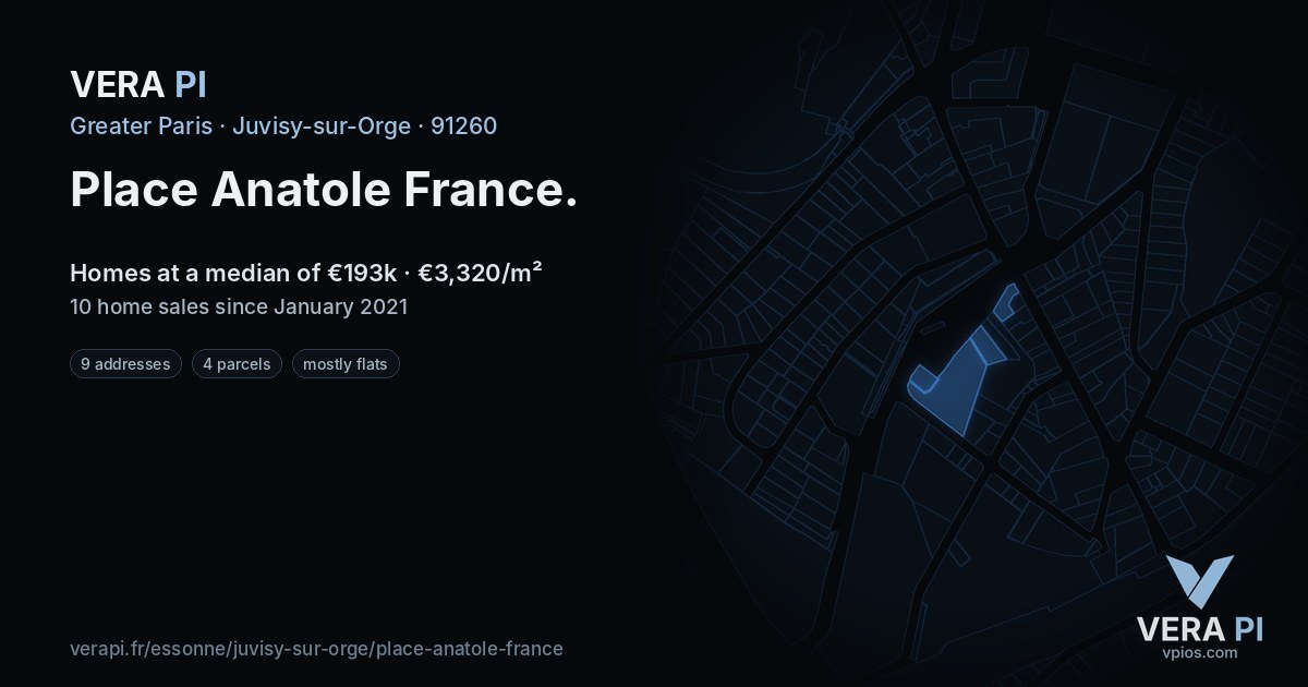 Place Anatole France, Juvisy-sur-Orge at night – every parcel coloured by the prices around it, the street's own parcels lit
