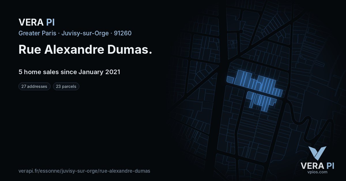 Rue Alexandre Dumas, Juvisy-sur-Orge at night – every parcel coloured by the prices around it, the street's own parcels lit