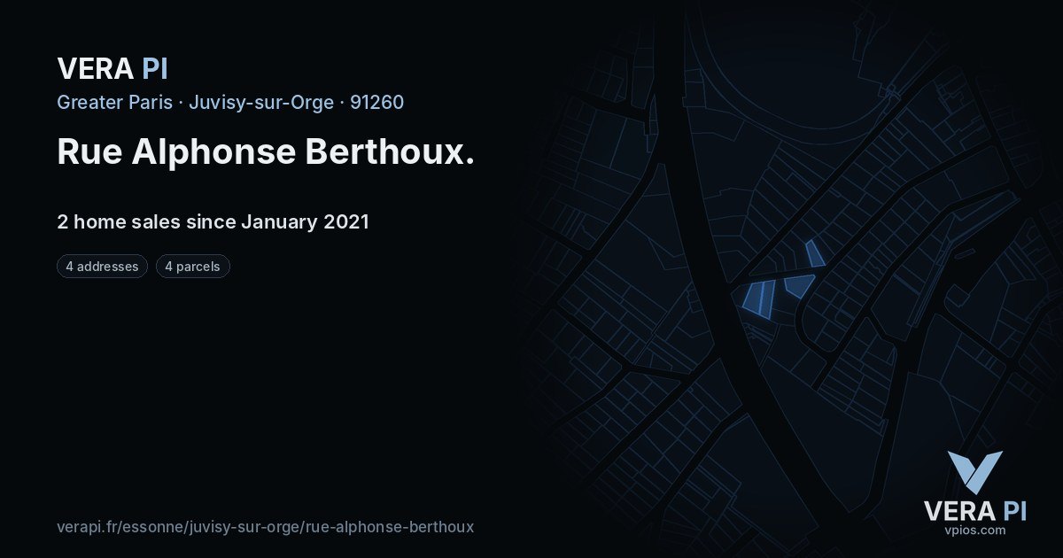 Rue Alphonse Berthoux, Juvisy-sur-Orge at night – every parcel coloured by the prices around it, the street's own parcels lit