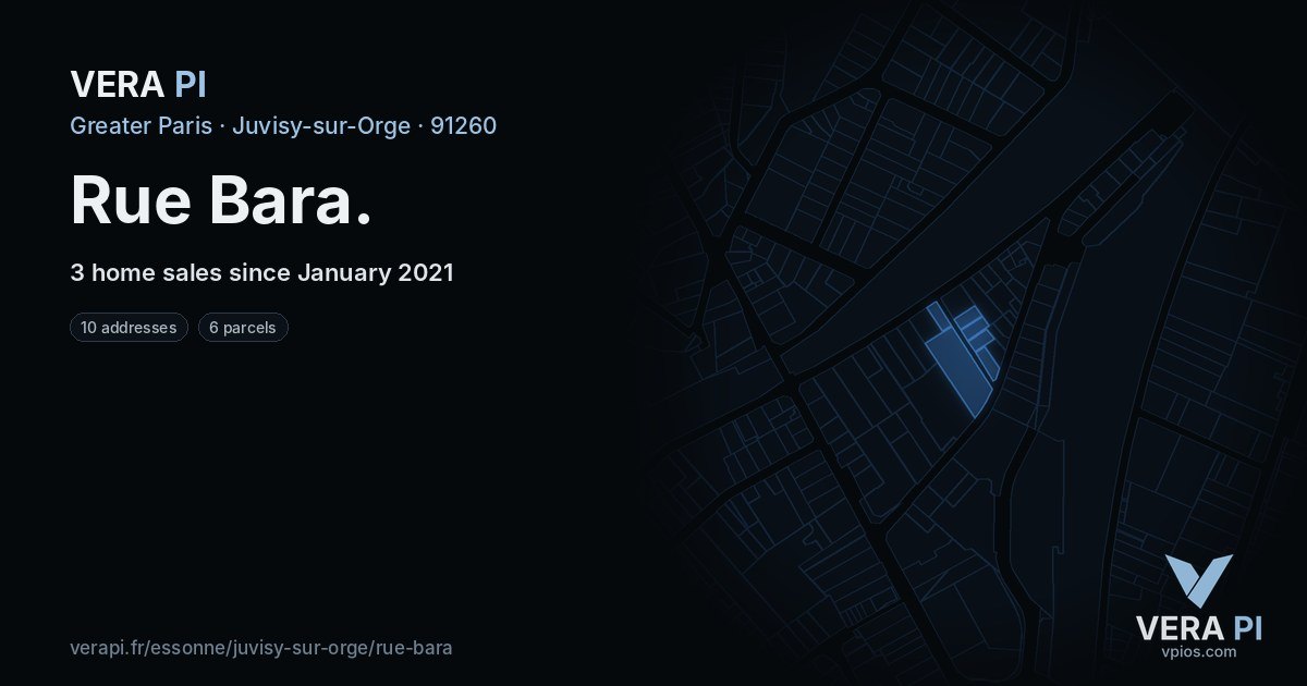 Rue Bara, Juvisy-sur-Orge at night – every parcel coloured by the prices around it, the street's own parcels lit