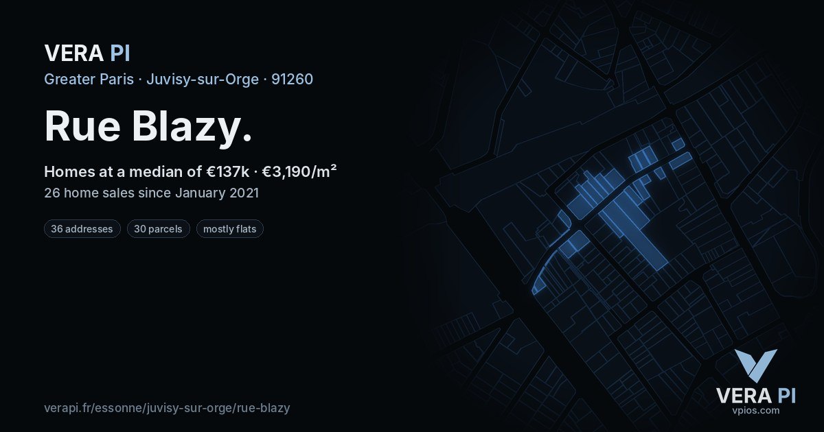 Rue Blazy, Juvisy-sur-Orge at night – every parcel coloured by the prices around it, the street's own parcels lit