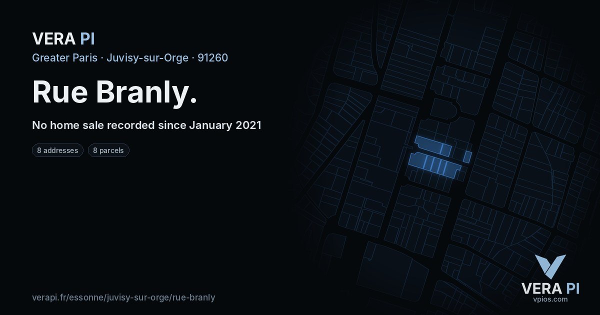 Rue Branly, Juvisy-sur-Orge at night – every parcel coloured by the prices around it, the street's own parcels lit