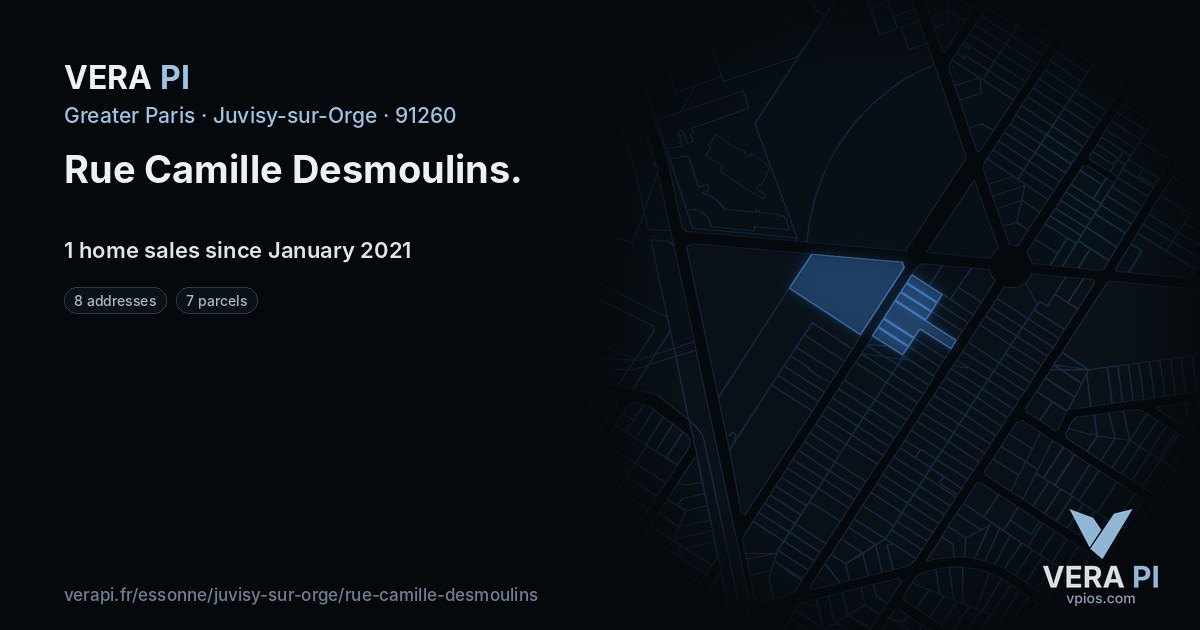 Rue Camille Desmoulins, Juvisy-sur-Orge at night – every parcel coloured by the prices around it, the street's own parcels lit