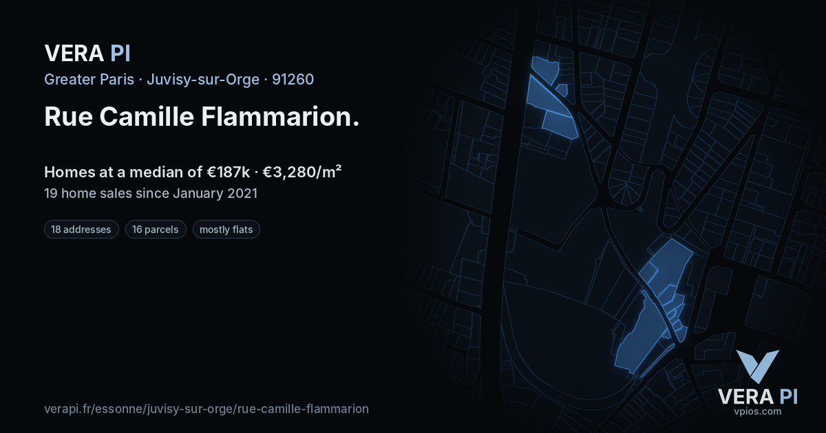 Rue Camille Flammarion, Juvisy-sur-Orge at night – every parcel coloured by the prices around it, the street's own parcels lit