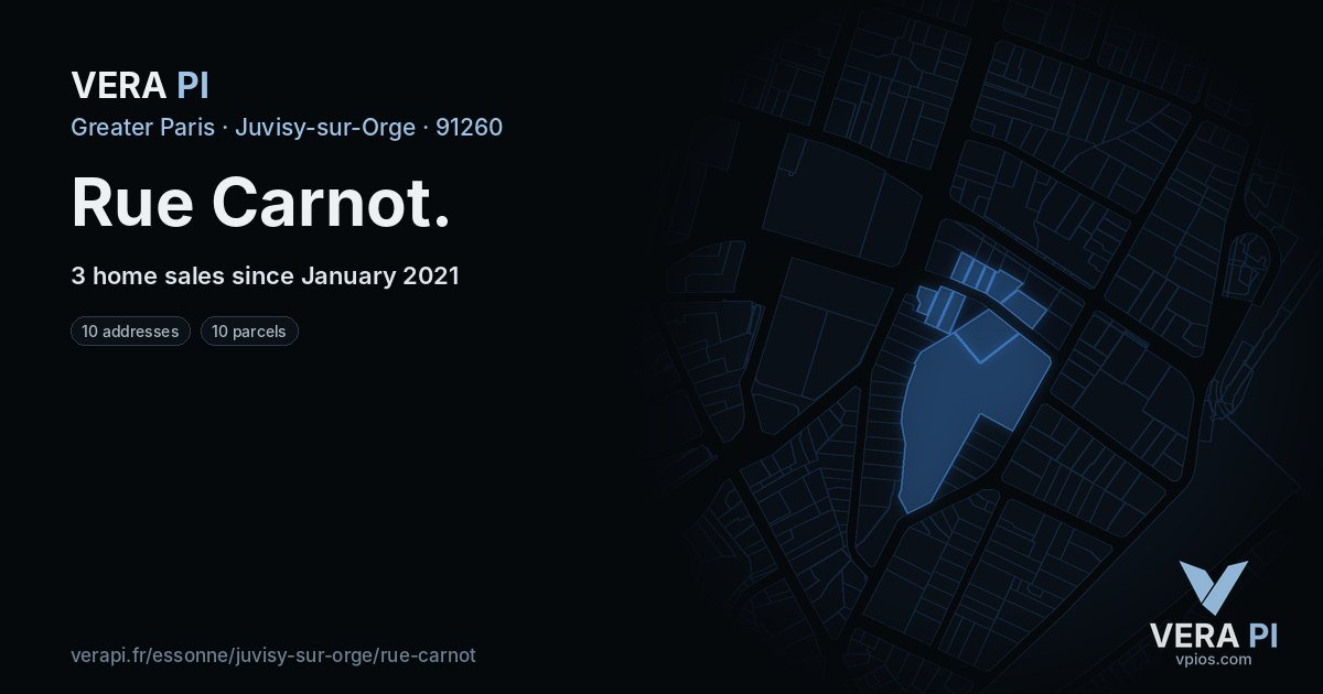 Rue Carnot, Juvisy-sur-Orge at night – every parcel coloured by the prices around it, the street's own parcels lit