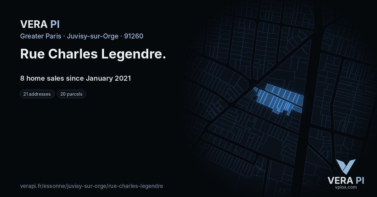 Rue Charles Legendre, Juvisy-sur-Orge at night – every parcel coloured by the prices around it, the street's own parcels lit