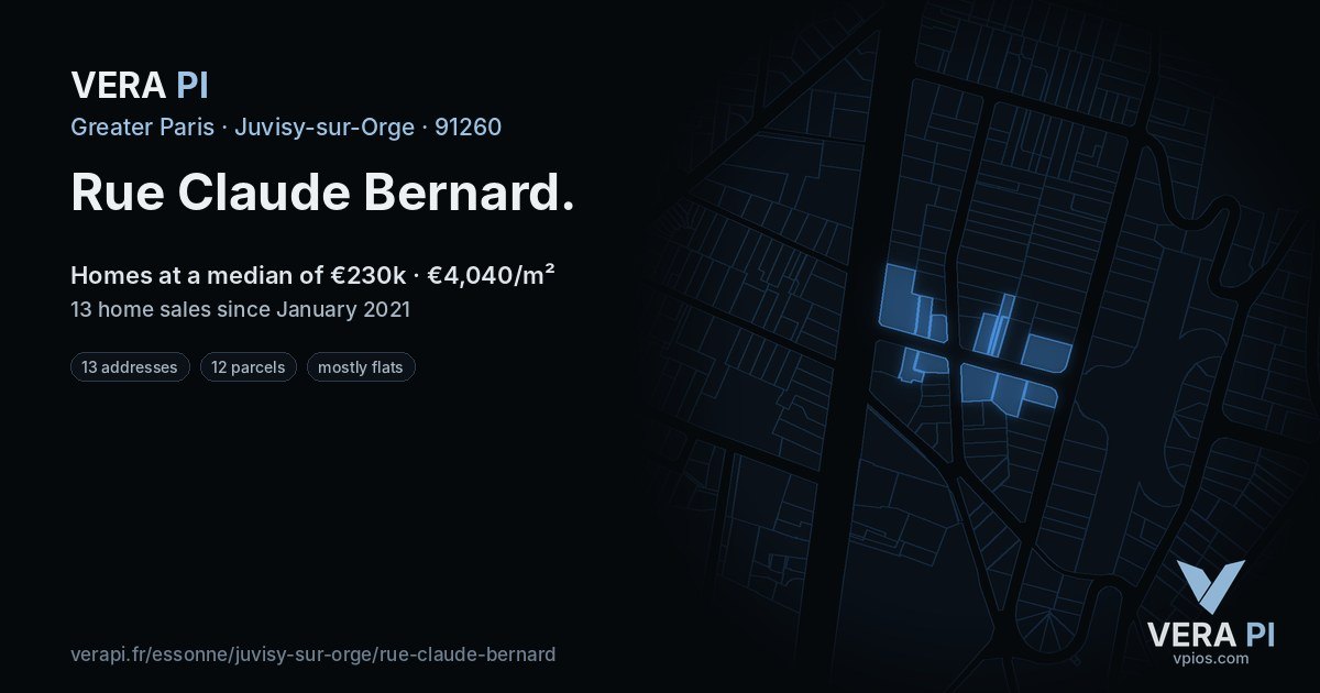Rue Claude Bernard, Juvisy-sur-Orge at night – every parcel coloured by the prices around it, the street's own parcels lit