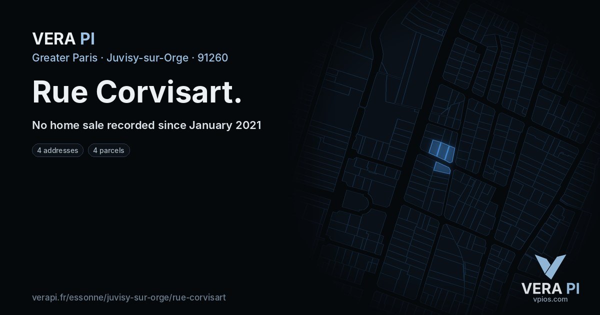 Rue Corvisart, Juvisy-sur-Orge at night – every parcel coloured by the prices around it, the street's own parcels lit