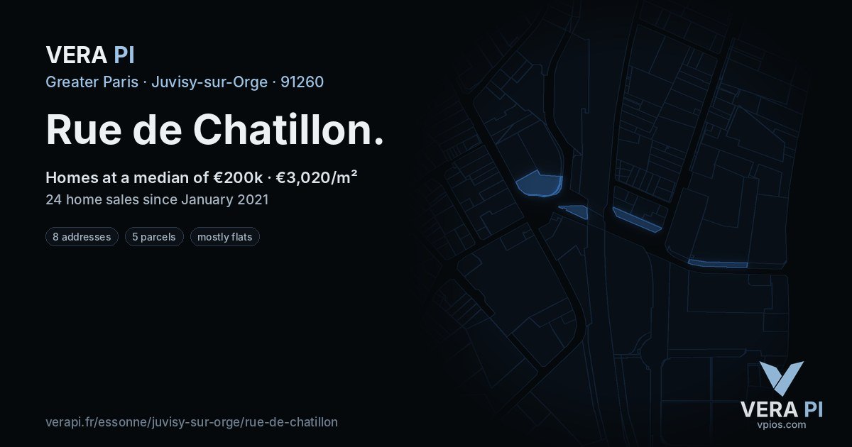 Rue de Chatillon, Juvisy-sur-Orge at night – every parcel coloured by the prices around it, the street's own parcels lit