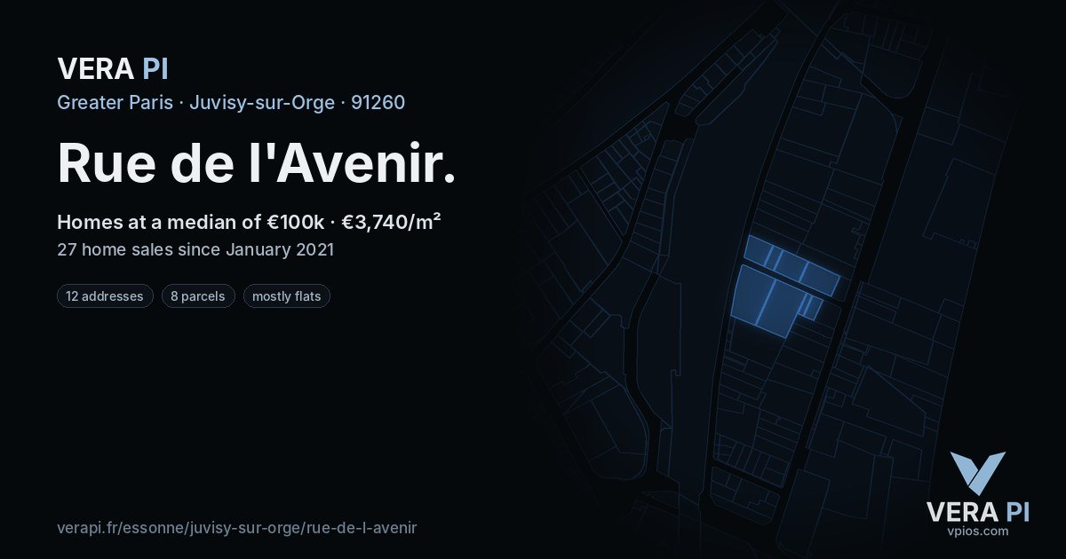 Rue de l'Avenir, Juvisy-sur-Orge at night – every parcel coloured by the prices around it, the street's own parcels lit