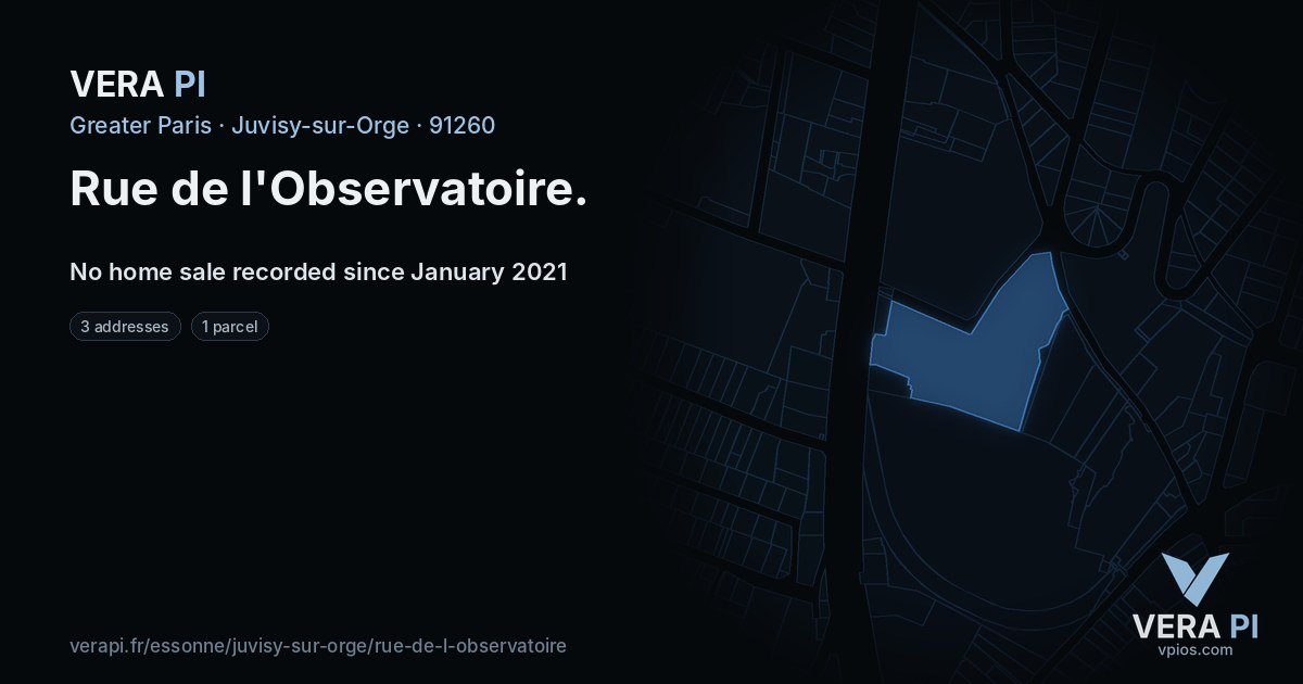 Rue de l'Observatoire, Juvisy-sur-Orge at night – every parcel coloured by the prices around it, the street's own parcels lit