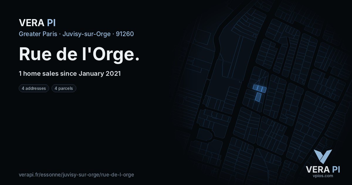 Rue de l'Orge, Juvisy-sur-Orge at night – every parcel coloured by the prices around it, the street's own parcels lit