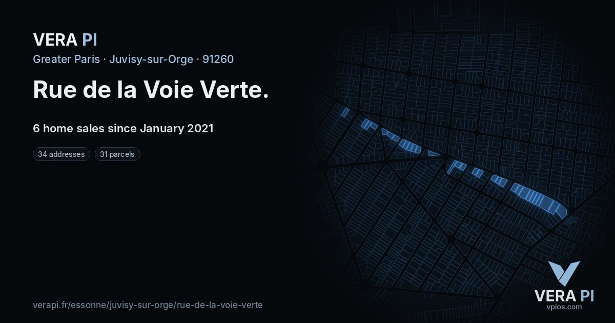 Rue de la Voie Verte, Juvisy-sur-Orge at night – every parcel coloured by the prices around it, the street's own parcels lit