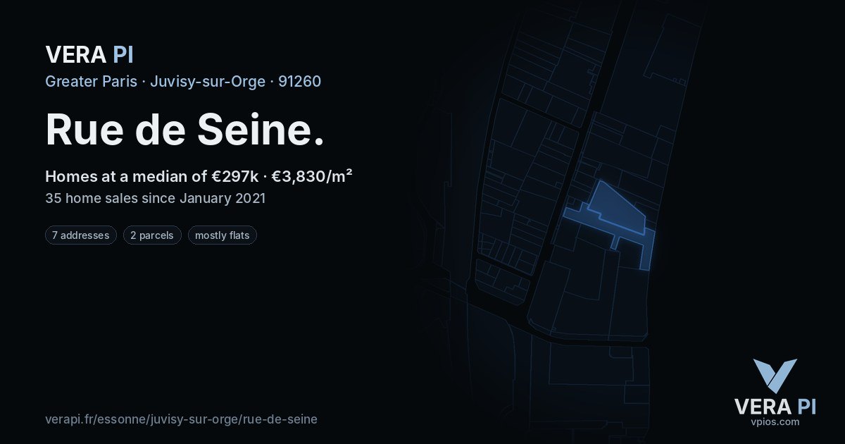 Rue de Seine, Juvisy-sur-Orge at night – every parcel coloured by the prices around it, the street's own parcels lit