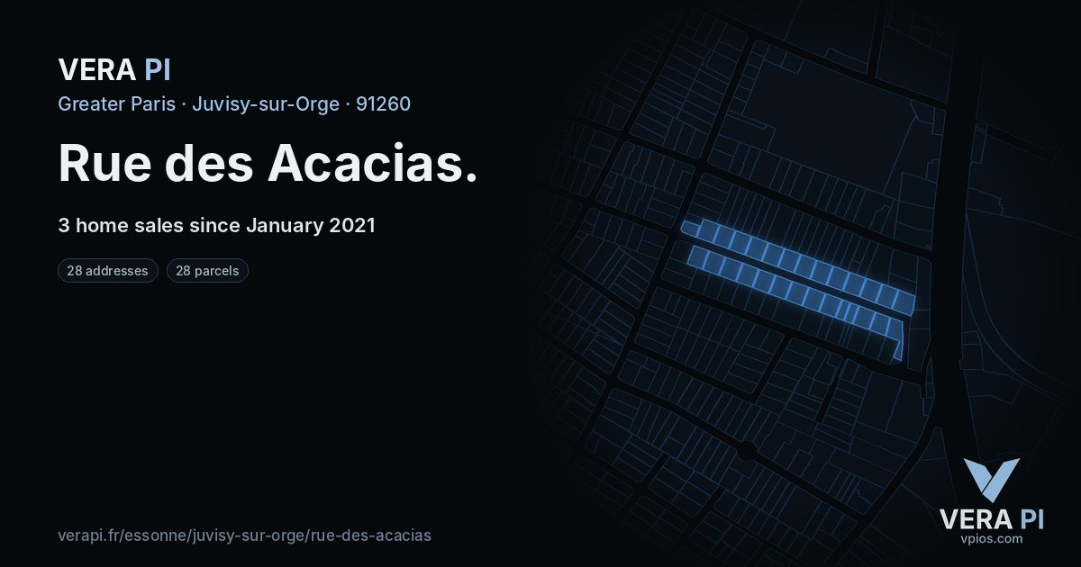 Rue des Acacias, Juvisy-sur-Orge at night – every parcel coloured by the prices around it, the street's own parcels lit