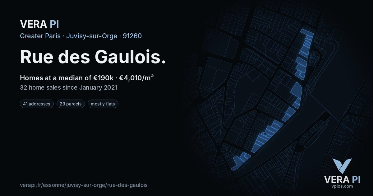 Rue des Gaulois, Juvisy-sur-Orge at night – every parcel coloured by the prices around it, the street's own parcels lit