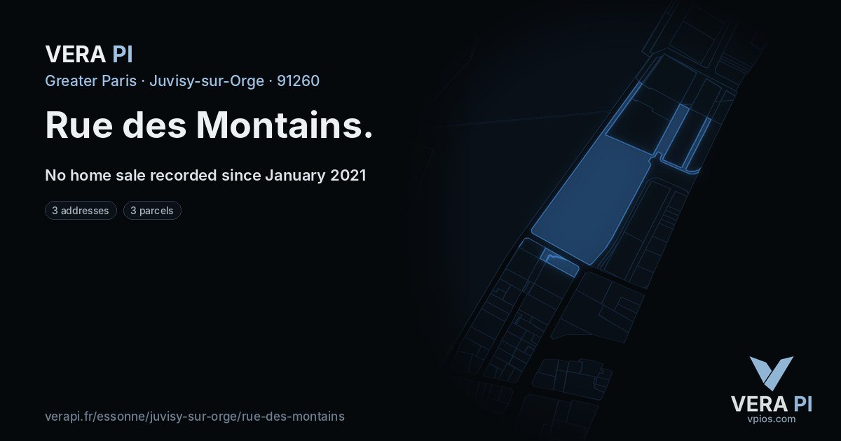 Rue des Montains, Juvisy-sur-Orge at night – every parcel coloured by the prices around it, the street's own parcels lit