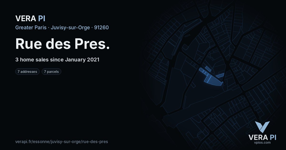 Rue des Pres, Juvisy-sur-Orge at night – every parcel coloured by the prices around it, the street's own parcels lit