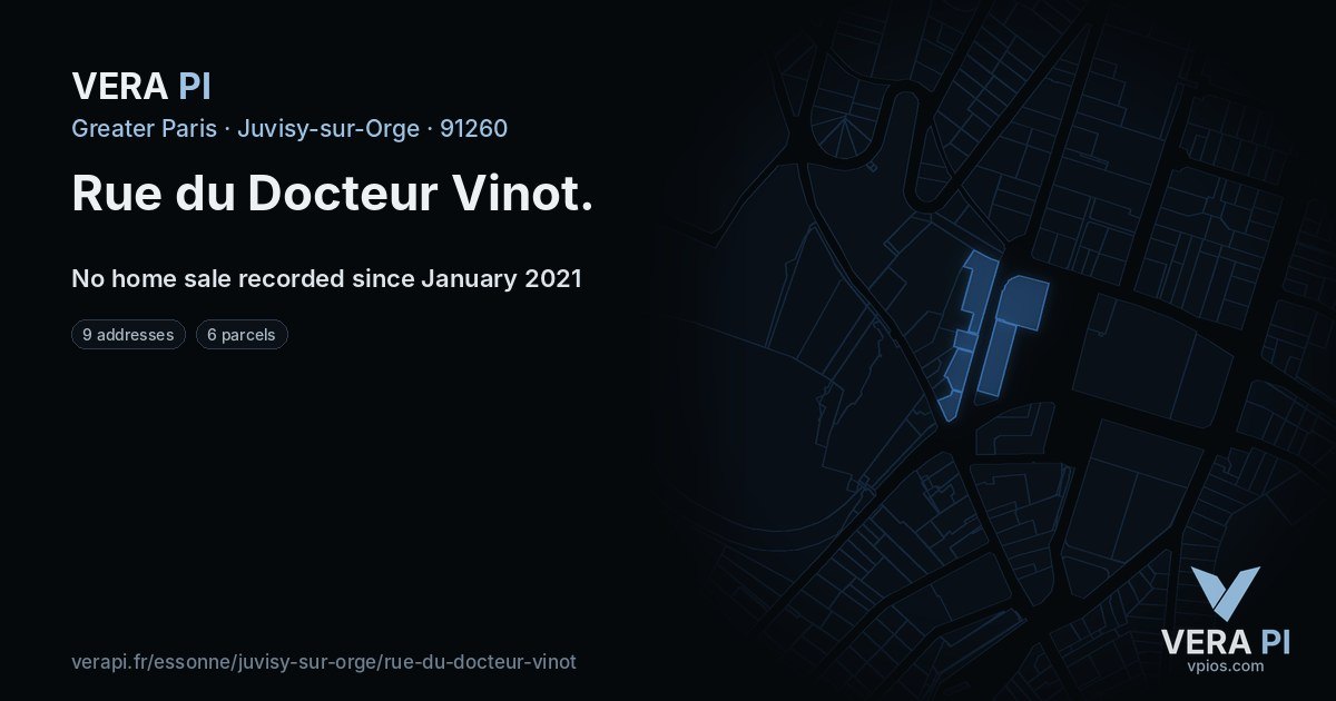 Rue du Docteur Vinot, Juvisy-sur-Orge at night – every parcel coloured by the prices around it, the street's own parcels lit