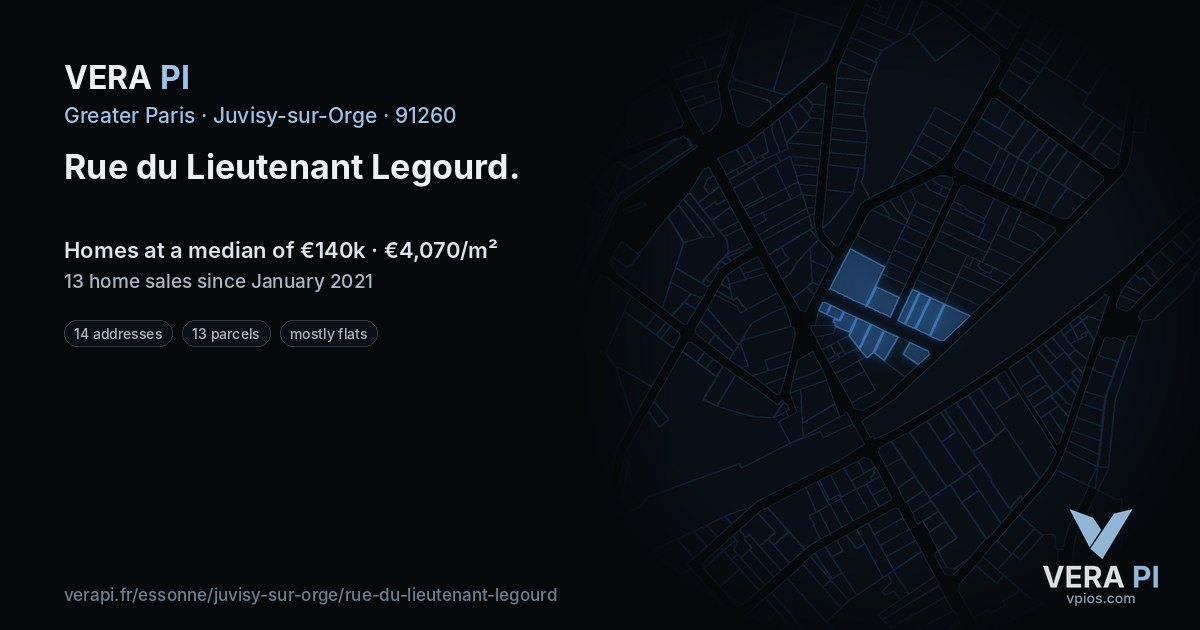 Rue du Lieutenant Legourd, Juvisy-sur-Orge at night – every parcel coloured by the prices around it, the street's own parcels lit