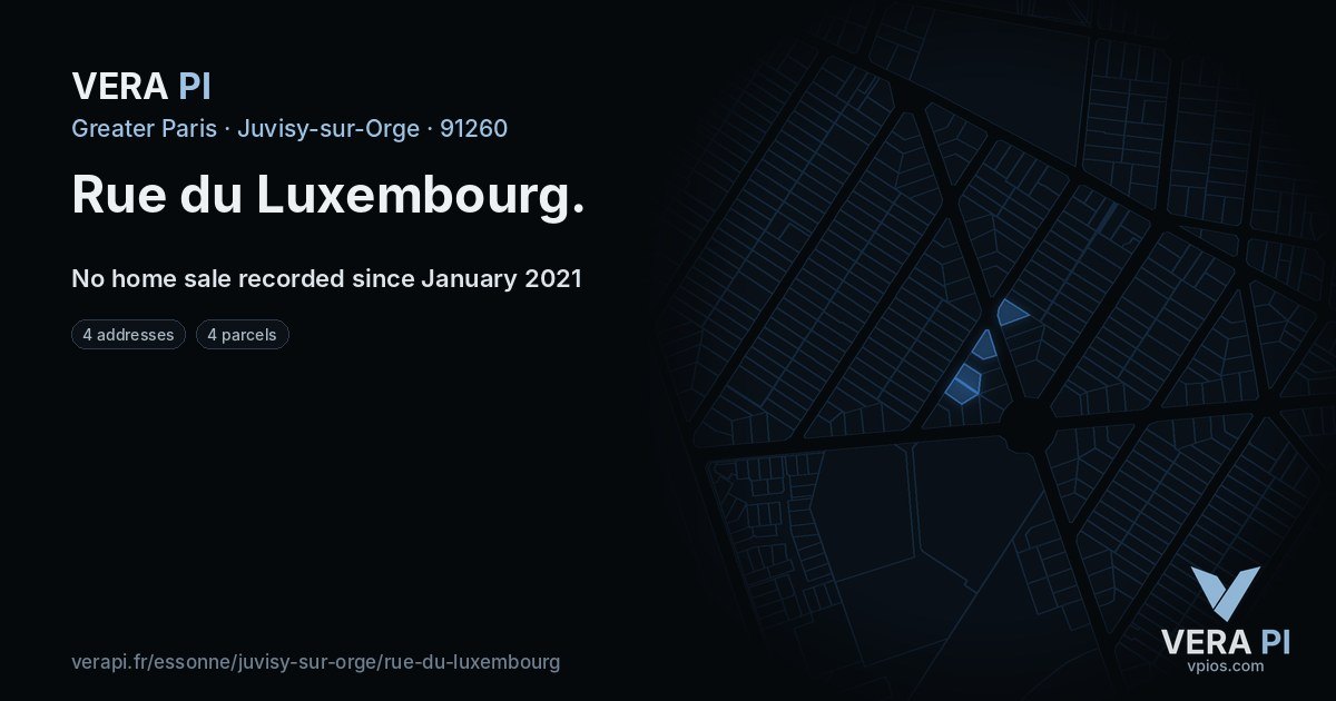 Rue du Luxembourg, Juvisy-sur-Orge at night – every parcel coloured by the prices around it, the street's own parcels lit