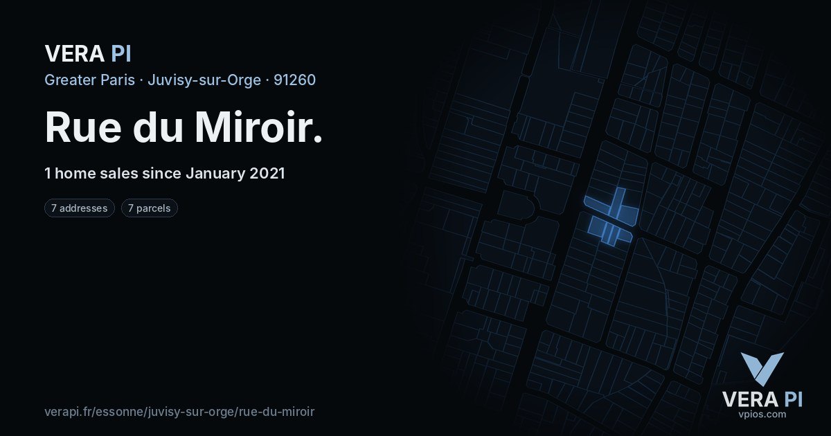 Rue du Miroir, Juvisy-sur-Orge at night – every parcel coloured by the prices around it, the street's own parcels lit