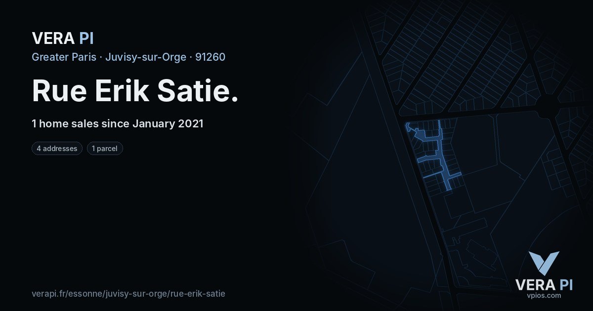 Rue Erik Satie, Juvisy-sur-Orge at night – every parcel coloured by the prices around it, the street's own parcels lit