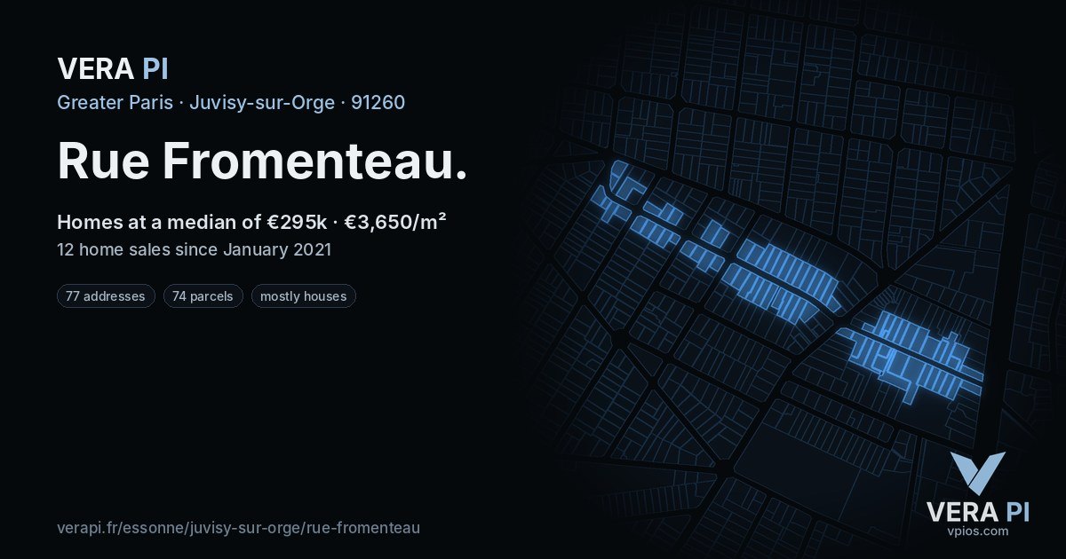 Rue Fromenteau, Juvisy-sur-Orge at night – every parcel coloured by the prices around it, the street's own parcels lit