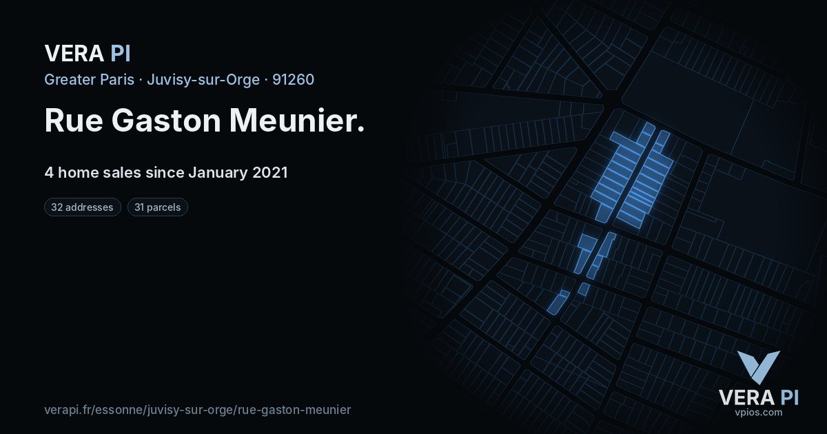 Rue Gaston Meunier, Juvisy-sur-Orge at night – every parcel coloured by the prices around it, the street's own parcels lit