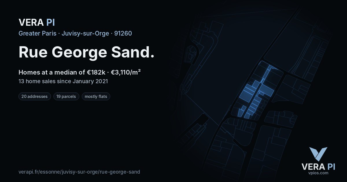 Rue George Sand, Juvisy-sur-Orge at night – every parcel coloured by the prices around it, the street's own parcels lit