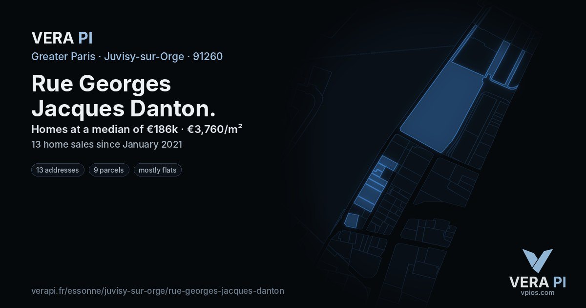 Rue Georges Jacques Danton, Juvisy-sur-Orge at night – every parcel coloured by the prices around it, the street's own parcels lit