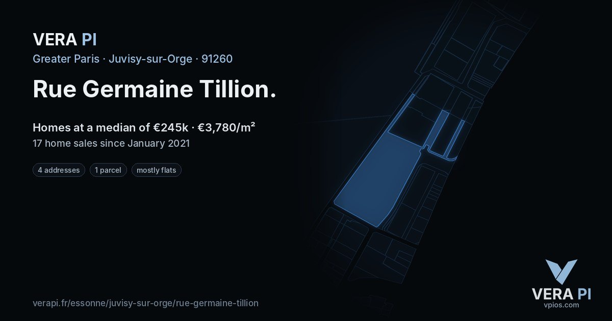 Rue Germaine Tillion, Juvisy-sur-Orge at night – every parcel coloured by the prices around it, the street's own parcels lit