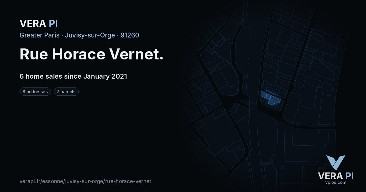 Rue Horace Vernet, Juvisy-sur-Orge at night – every parcel coloured by the prices around it, the street's own parcels lit
