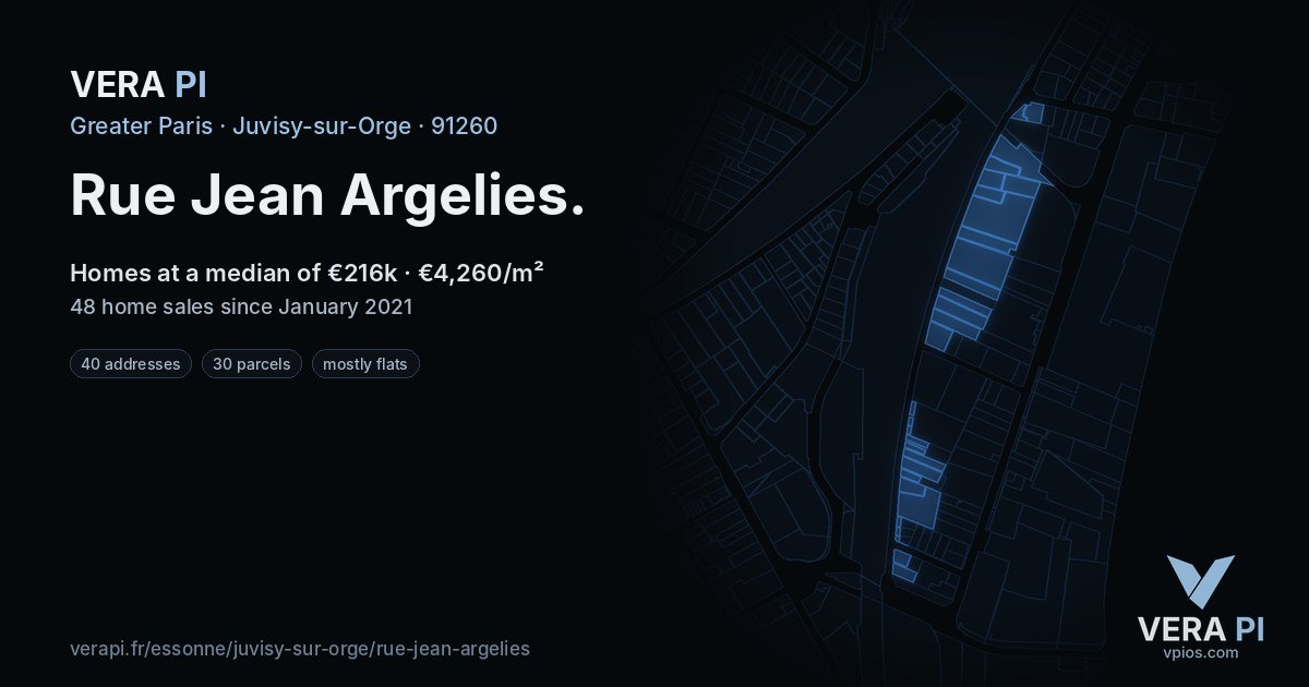 Rue Jean Argelies, Juvisy-sur-Orge at night – every parcel coloured by the prices around it, the street's own parcels lit