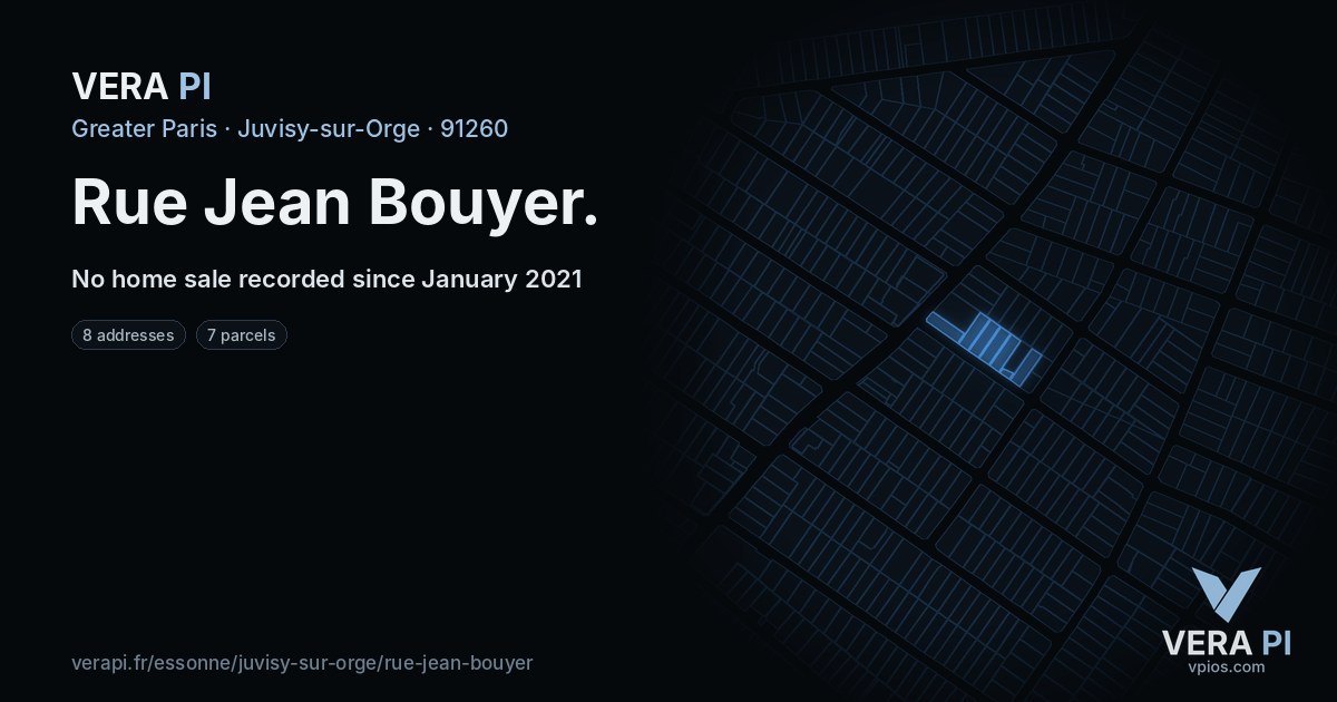Rue Jean Bouyer, Juvisy-sur-Orge at night – every parcel coloured by the prices around it, the street's own parcels lit
